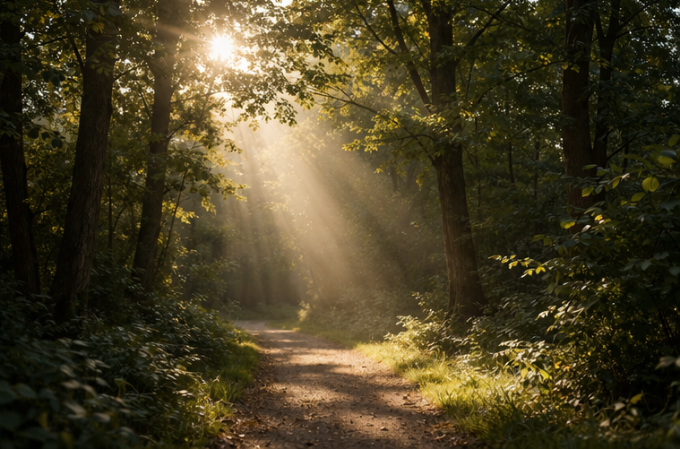sunlight filtering through trees along a peaceful forest path creating a calm atmosphere
