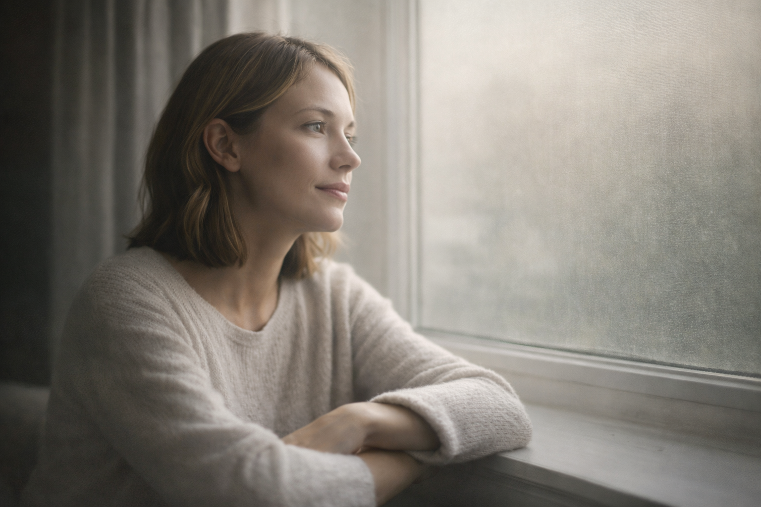 woman sitting by a window in soft natural light looking calm and reflective